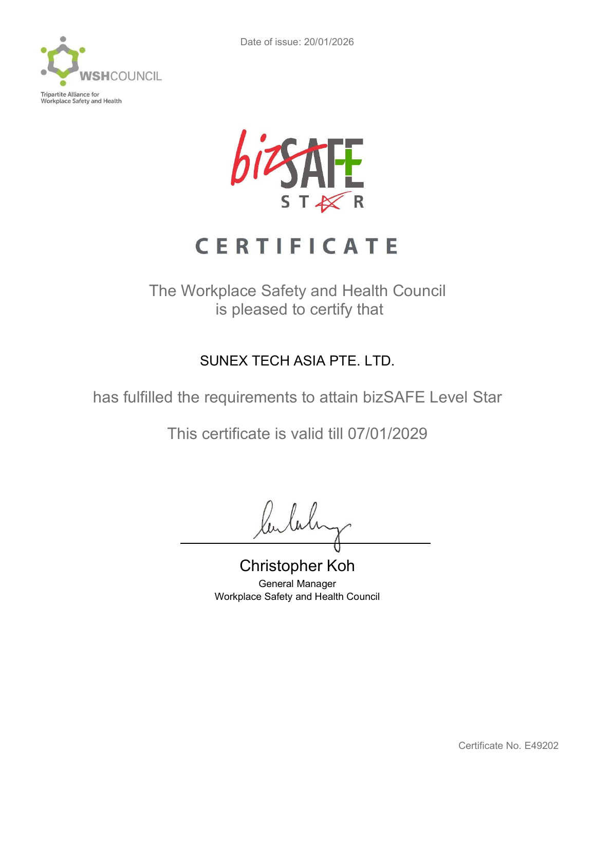 Workplace Safety and Health Council bizSAFE Level Star certificate E49202 issued to SunEx Tech Asia Pte Ltd, valid to 7 January 2029