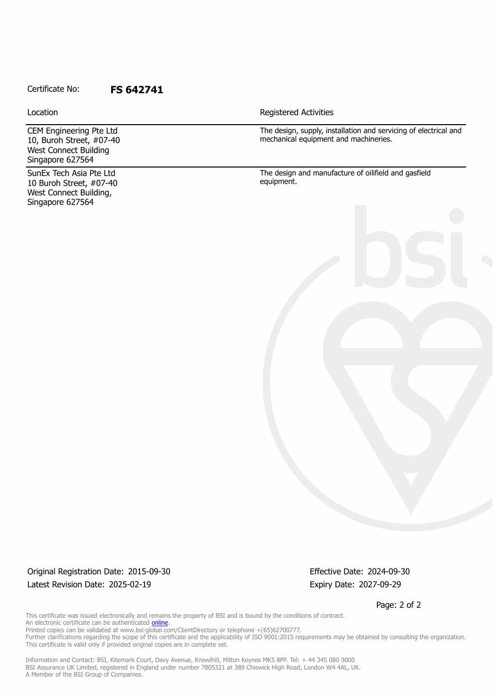 BSI ISO 9001:2015 certificate FS 642741 listing SunEx Tech Asia Pte Ltd as a registered location for the design and manufacture of oilfield and gasfield equipment